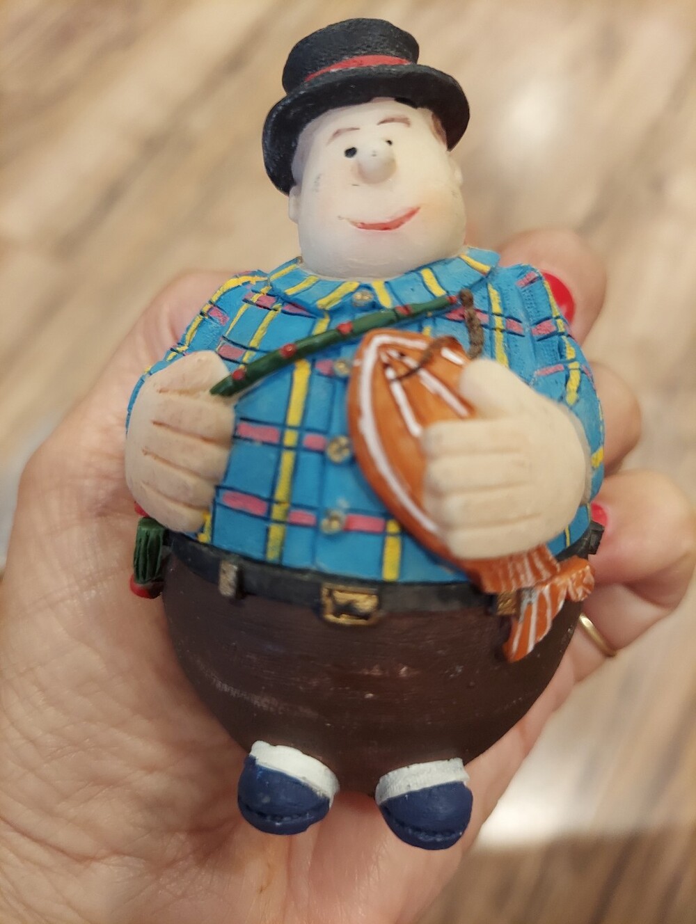 Vintage Chunky Fisherman  Trinket Box / Lid  3 1/4" Holding A Fishing Pole